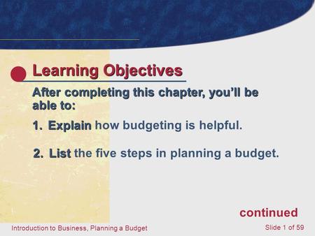 Introduction to Business, Planning a Budget Slide 1 of 59 Learning Objectives After completing this chapter, you’ll be able to: 1.Explain 1.Explain how.