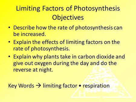 Limiting Factors of Photosynthesis Objectives