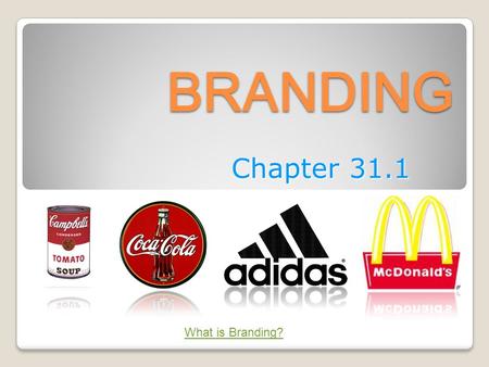 BRANDING Chapter 31.1 What is Branding?. UNDERSTANDING BRANDING BRAND a name, term, design, symbol, or combination of these elements that identifies a.