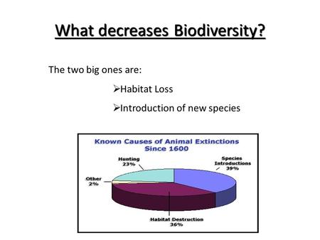 What decreases Biodiversity? The two big ones are:  Habitat Loss  Introduction of new species.
