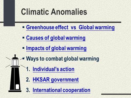 Climatic Anomalies  Greenhouse effect vs Global warmingGreenhouse effect vs Global warming  Causes of global warmingCauses of global warming  Impacts.