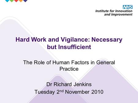 Hard Work and Vigilance: Necessary but Insufficient The Role of Human Factors in General Practice Dr Richard Jenkins Tuesday 2 nd November 2010.