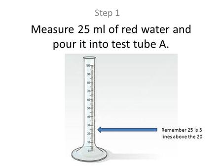 Measure 25 ml of red water and pour it into test tube A. Step 1 Remember 25 is 5 lines above the 20.
