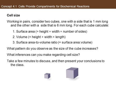 Concept 4.1 Cells Provide Compartments for Biochemical Reactions Cell size Working in pairs, consider two cubes, one with a side that is 1 mm long and.