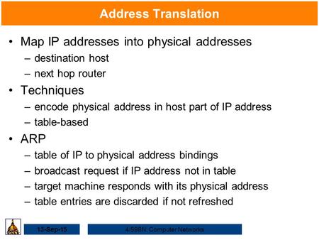 13-Sep-154/598N: Computer Networks Address Translation Map IP addresses into physical addresses –destination host –next hop router Techniques –encode physical.