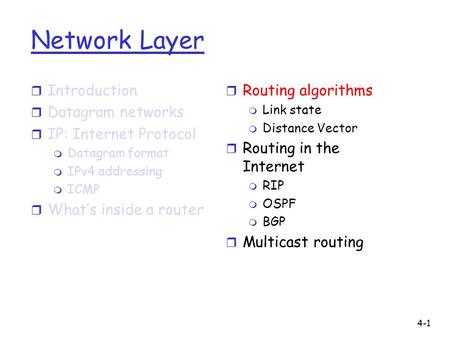 Network Layer r Introduction r Datagram networks r IP: Internet Protocol m Datagram format m IPv4 addressing m ICMP r What’s inside a router r Routing.