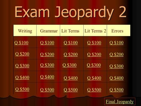 Exam Jeopardy 2 Writing GrammarLit TermsLit Terms 2 Errors Q $100 Q $200 Q $300 Q $400 Q $500 Q $100 Q $200 Q $300 Q $400 Q $500 Final Jeopardy.