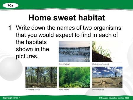 7Ca Home sweet habitat 1	Write down the names of two organisms that you would expect to find in each of the habitats.
