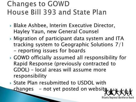  Blake Ashbee, Interim Executive Director, Hayley Yaun, new General Counsel  Migration of participant data system and ITA tracking system to Geographic.
