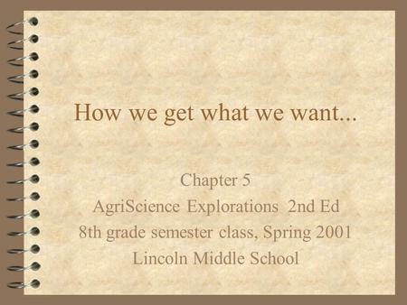 How we get what we want... Chapter 5 AgriScience Explorations 2nd Ed 8th grade semester class, Spring 2001 Lincoln Middle School.