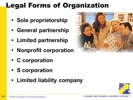 ©2001 Kauffman Center for Entrepreneurial LeadershipPLANNING AND GROWING A BUSINESS VENTURE™ ™ Legal Forms of Organization Sole proprietorship General.
