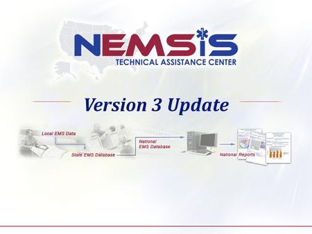 Version 3 Update. Purpose of NEMSIS Version 3 Improve Data Quality –Business Intelligence, Schematron Enhance performance assessment –Incorporation of.