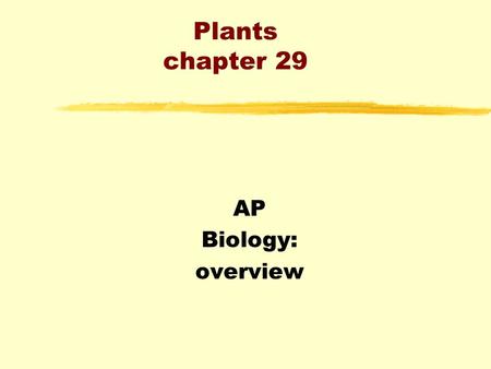 Plants chapter 29 AP Biology: overview. Key Concepts: zThe plant kingdom consists mostly of multicelled photoautotrophs zAlmost all plants live on land.