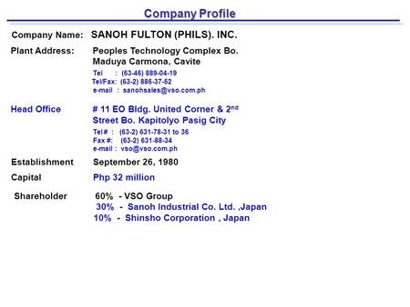Company Profile Company Profile Company Name: SANOH FULTON (PHILS). INC. Plant Address: Peoples Technology Complex Bo. Maduya Carmona, Cavite Tel : (63-46)