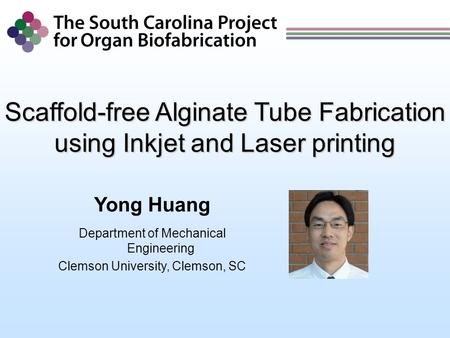 Yong Huang Department of Mechanical Engineering Clemson University, Clemson, SC Scaffold-free Alginate Tube Fabrication using Inkjet and Laser printing.