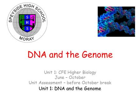 Unit 1: DNA and the Genome DNA and the Genome Unit 1: CFE Higher Biology June – October Unit Assessment – before October break.