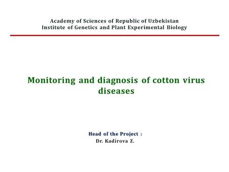 Monitoring and diagnosis of cotton virus diseases Head of the Project : Dr. Kadirova Z. Academy of Sciences of Republic of Uzbekistan Institute of Genetics.
