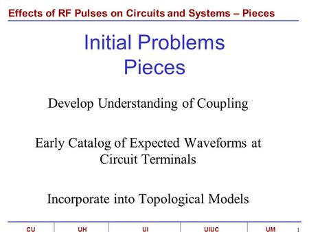 Effects of RF Pulses on Circuits and Systems – Pieces UMCUUI C 1 UIUCUH Initial Problems Pieces Develop Understanding of Coupling Early Catalog of Expected.