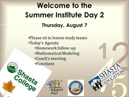 Welcome to the Summer Institute Day 2 Thursday, August 7 Please sit in lesson study teams Today’s Agenda Homework follow-up Mathematical Modeling Coach’s.