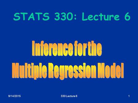 9/14/2015330 Lecture 61 STATS 330: Lecture 6. 9/14/2015330 Lecture 62 Inference for the Regression model Aim of today’s lecture: To discuss how we assess.