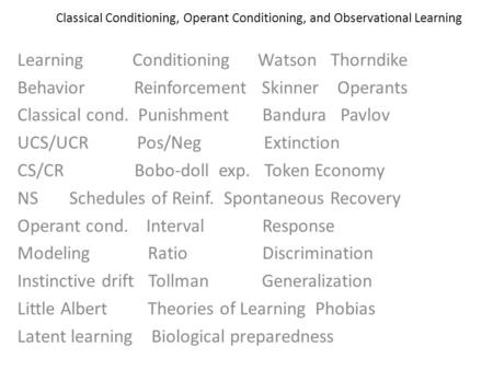 Classical Conditioning, Operant Conditioning, and Observational Learning Learning Conditioning Watson Thorndike Behavior Reinforcement Skinner Operants.