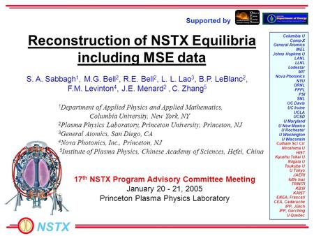NSTX S. A. Sabbagh 1, M.G. Bell 2, R.E. Bell 2, L. L. Lao 3, B.P. LeBlanc 2, F.M. Levinton 4, J.E. Menard 2, C. Zhang 5 Reconstruction of NSTX Equilibria.