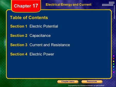 Chapter 17 Table of Contents Section 1 Electric Potential