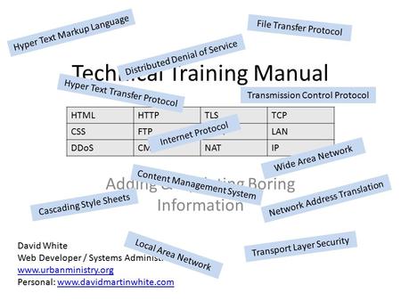 Technical Training Manual Adding & Updating Boring Information HTMLHTTPTLSTCP CSSFTPWANLAN DDoSCMSNATIP David White Web Developer / Systems Administrator.