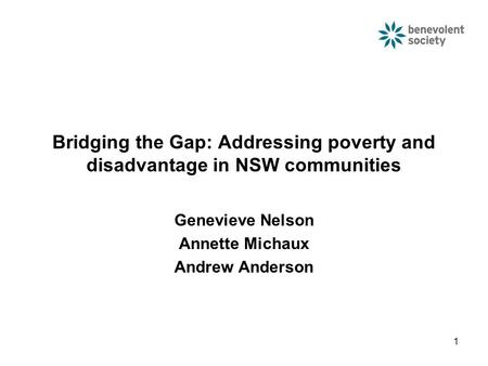 1 Bridging the Gap: Addressing poverty and disadvantage in NSW communities Genevieve Nelson Annette Michaux Andrew Anderson.