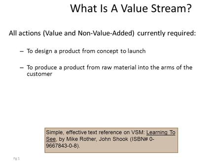 Pg 1 What Is A Value Stream? All actions (Value and Non-Value-Added) currently required: – To design a product from concept to launch – To produce a product.