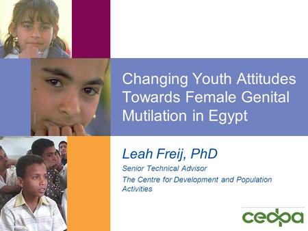 Changing Youth Attitudes Towards Female Genital Mutilation in Egypt Leah Freij, PhD Senior Technical Advisor The Centre for Development and Population.