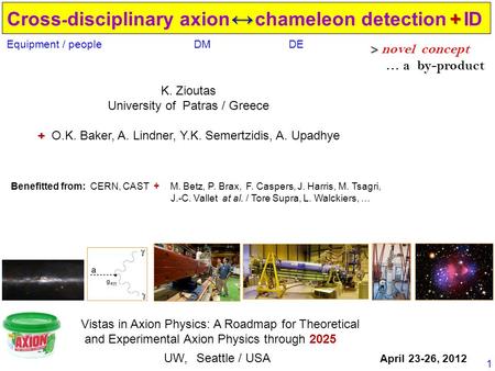 K. Zioutas University of Patras / Greece + + O.K. Baker, A. Lindner, Y.K. Semertzidis, A. Upadhye Benefitted from: CERN, CAST + M. Betz, P. Brax, F. Caspers,
