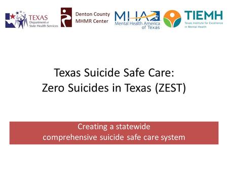 Texas Suicide Safe Care: Zero Suicides in Texas (ZEST) Creating a statewide comprehensive suicide safe care system.