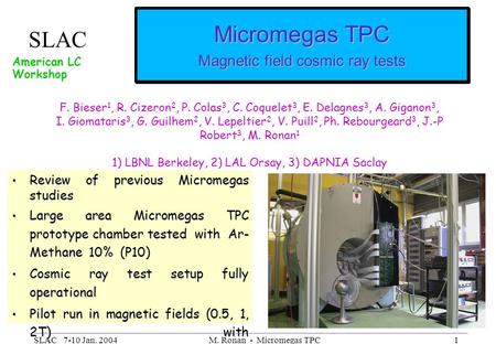SLAC 7-10 Jan. 2004M. Ronan - Micromegas TPC1 Micromegas TPC Magnetic field cosmic ray tests Review of previous Micromegas studies Review of previous Micromegas.
