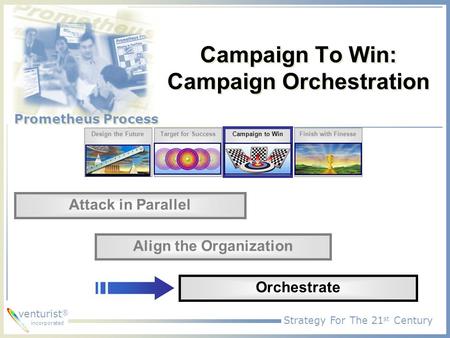 Strategy For The 21 st Century Prometheus Process venturist ® incorporated Campaign To Win: Campaign Orchestration Design the FutureTarget for Success.