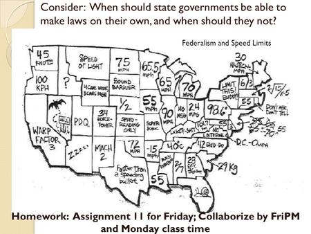 Consider: When should state governments be able to make laws on their own, and when should they not? Federalism and Speed Limits Homework: Assignment 11.