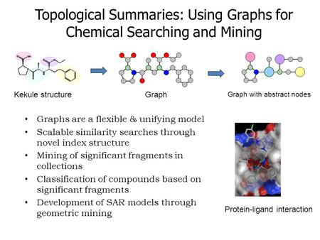 Topological Summaries: Using Graphs for Chemical Searching and Mining Graphs are a flexible & unifying model Scalable similarity searches through novel.