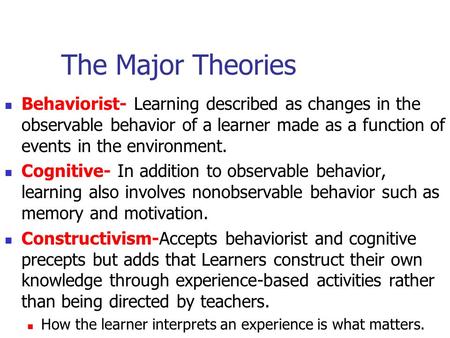The Major Theories Behaviorist- Learning described as changes in the observable behavior of a learner made as a function of events in the environment.