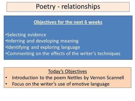 Objectives for the next 6 weeks Selecting evidence Inferring and developing meaning Identifying and exploring language Commenting on the effects of the.