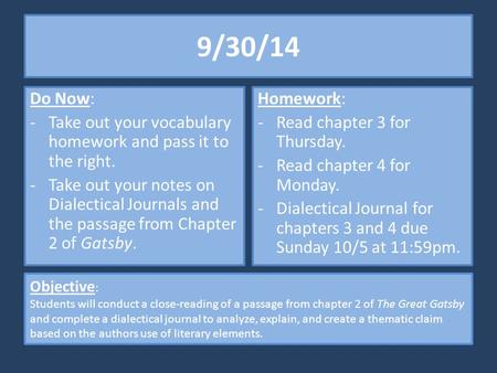 9/30/14 Do Now: Take out your vocabulary homework and pass it to the right. Take out your notes on Dialectical Journals and the passage from Chapter 2.
