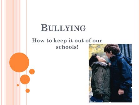 B ULLYING How to keep it out of our schools!. Q UICK F ACTS : An estimated 160,000 children miss school every day out of fears of being bullied One out.