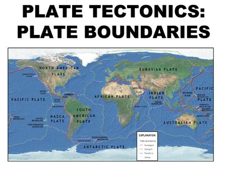 PLATE TECTONICS: PLATE BOUNDARIES. PLATE TECTONICS the surface of the Earth is made of rigid plates  Size and position of plates can change over time.