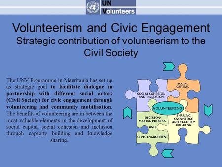 The UNV Programme in Mauritania has set up as strategic goal to facilitate dialogue in partnership with different social actors (Civil Society) for civic.