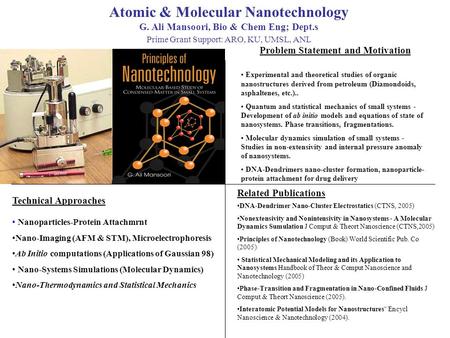 Atomic & Molecular Nanotechnology G. Ali Mansoori, Bio & Chem Eng; Dept.s Prime Grant Support: ARO, KU, UMSL, ANL Problem Statement and Motivation Technical.
