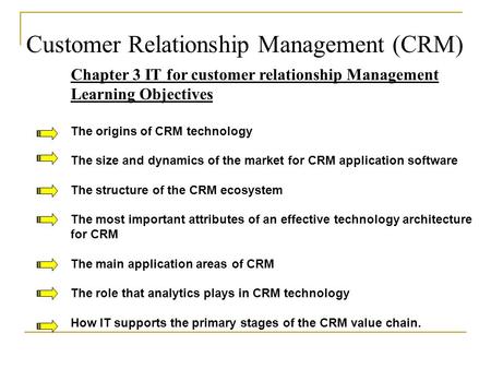 Customer Relationship Management (CRM) Chapter 3 IT for customer relationship Management Learning Objectives The origins of CRM technology The size and.