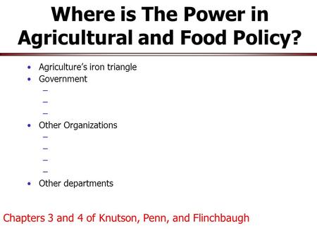 Where is The Power in Agricultural and Food Policy? Agriculture’s iron triangle Government – Other Organizations – Other departments Chapters 3 and 4 of.