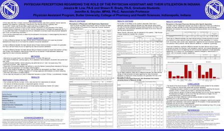 PHYSICIAN PERCEPTIONS REGARDING THE ROLE OF THE PHYSICIAN ASSISTANT AND THEIR UTILIZATION IN INDIANA Jessica M. Low, PA-S and Shawn R. Brady, PA-S, Graduate.