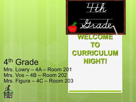 WELCOME TO CURRICULUM NIGHT! 4 th Grade Mrs. Lowry – 4A – Room 201 Mrs. Vos – 4B – Room 202 Mrs. Figura – 4C – Room 203.