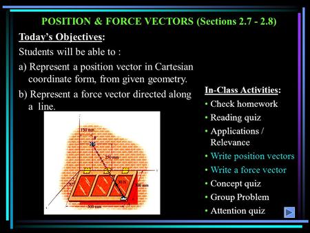 POSITION & FORCE VECTORS (Sections 2.7 - 2.8) Today’s Objectives: Students will be able to : a) Represent a position vector in Cartesian coordinate form,