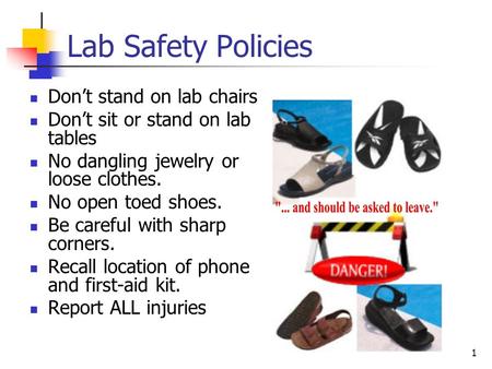 1 Lab Safety Policies Don’t stand on lab chairs Don’t sit or stand on lab tables No dangling jewelry or loose clothes. No open toed shoes. Be careful with.